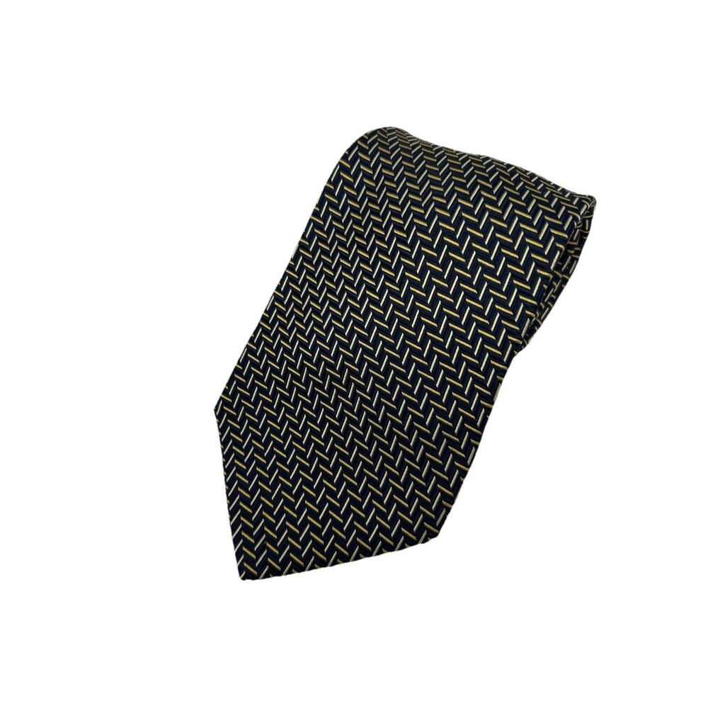 Nautica Black Navy Gold Silver Abstract 100% Silk Neck Tie ‎ 58.5" x 4"